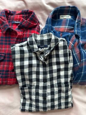Madewell Red, Black & White Plaid Women’s Button-Down Flannel Shirt Trio